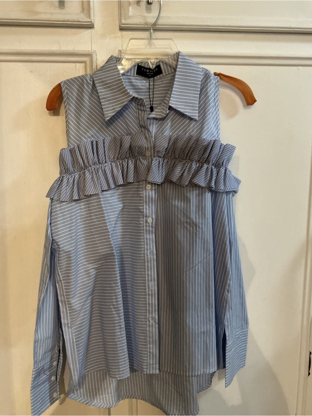 Striped Cold-Shoulder Ruffle Button-Down Shirt - Blue